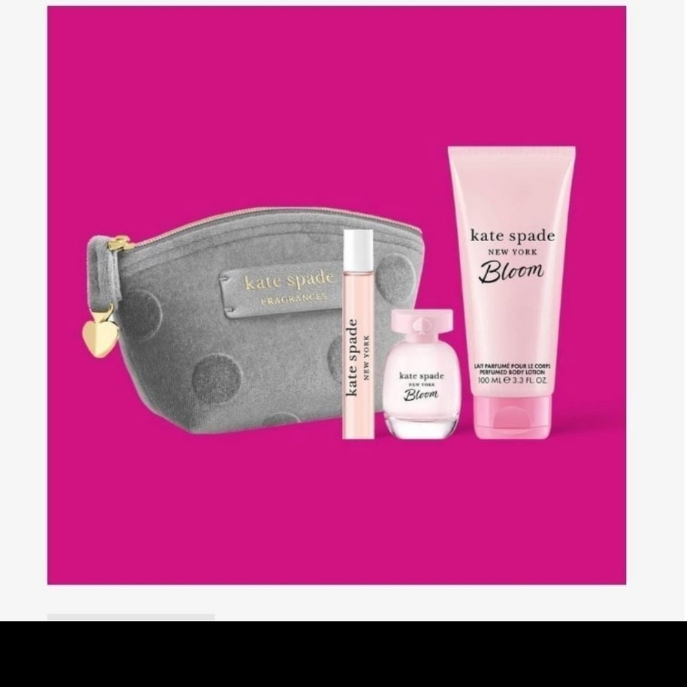 KATE SPADE Bloom Mini .15 oz, New York .25 oz  Lotion 3.3 oz Grey Velvet Pouch